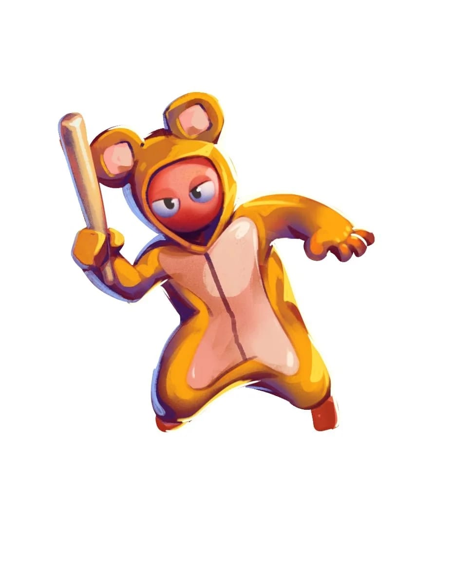 Clay character in an orange bear onesie swinging a wooden bat