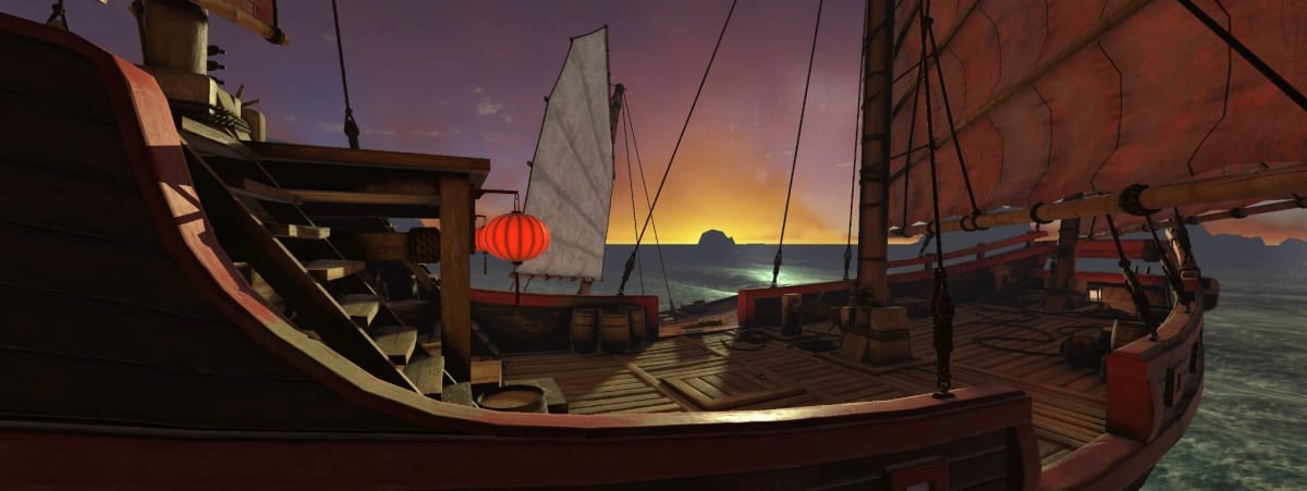 Dragon Fist Junk Ship arena, the deck of a Chinese junk with red lanterns and battened sails at sunset