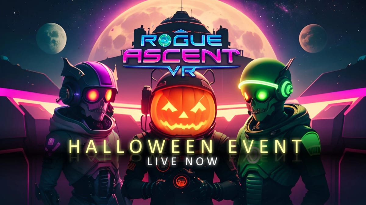 Rogue Ascent VR Halloween Event Live Now key art with two neon-lit soldiers flanking a giant jack-o-lantern