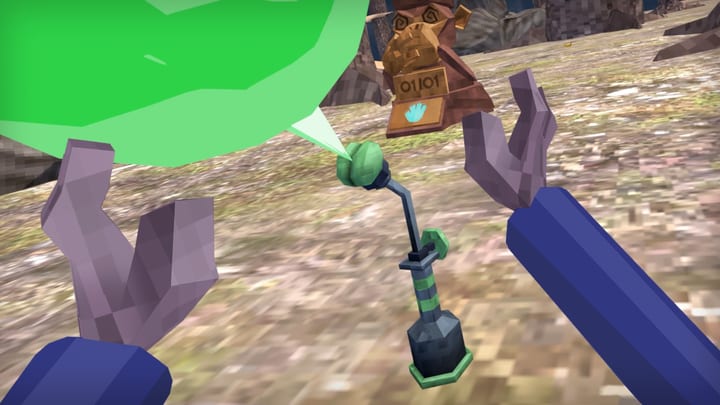 First-person view in DigiGods holding the Monkey Doo totem, with a monkey-faced banner ahead