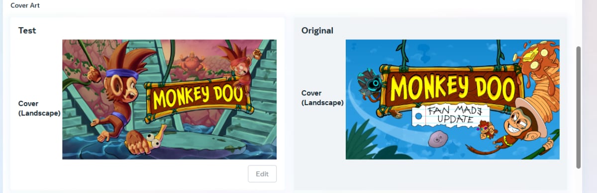 Two Monkey Doo landscape cover art variants side by side, the jungle Test art and the blue Fan Made Update Original