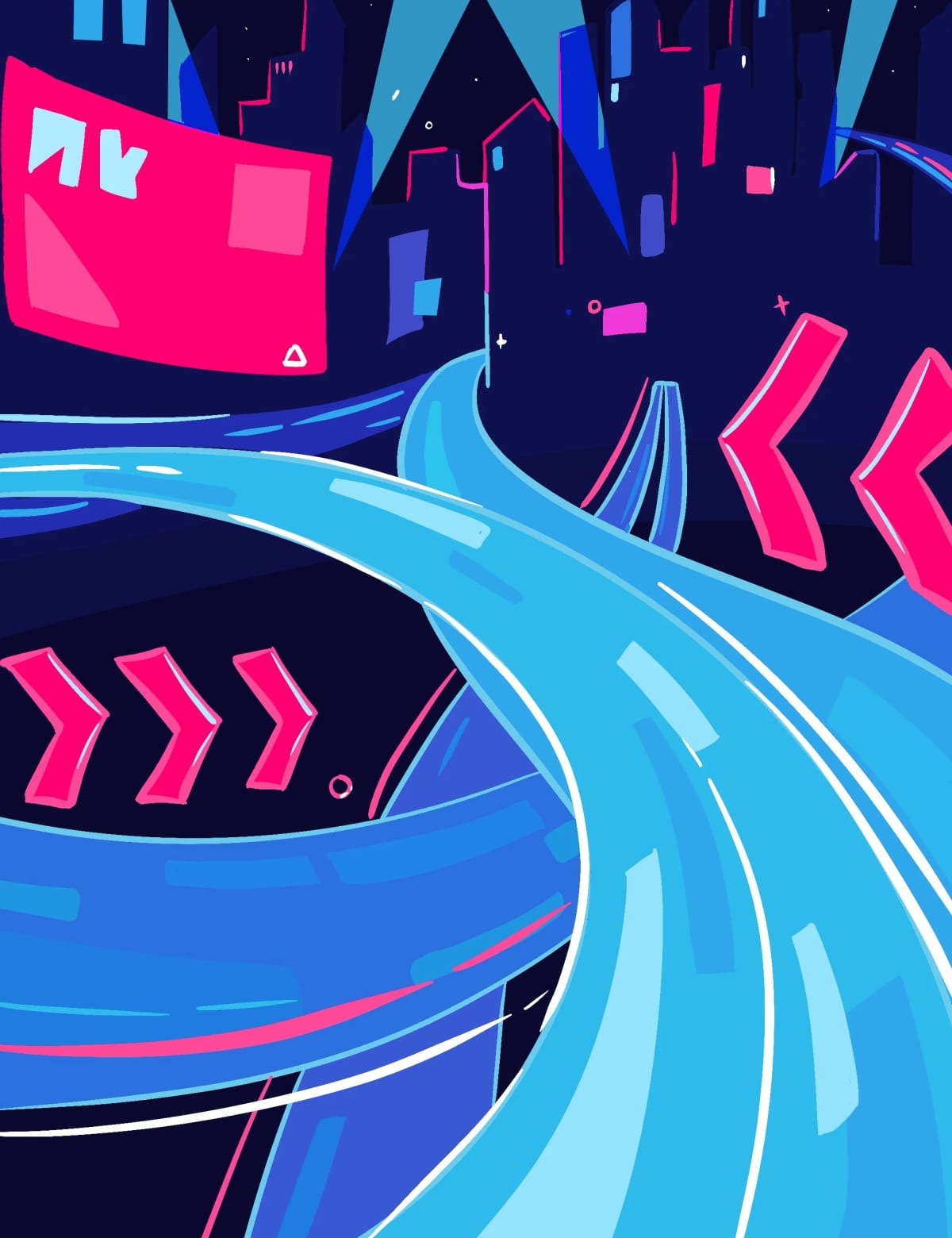 Neon illustration of glowing highway lanes curving through a night city past arrow signs