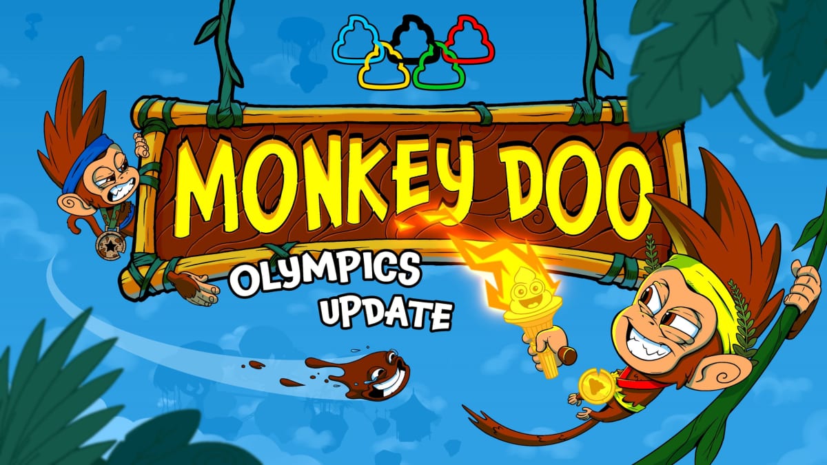 Cartoon monkeys swinging around a wooden sign, one holding a flaming torch beneath Olympic-style rings