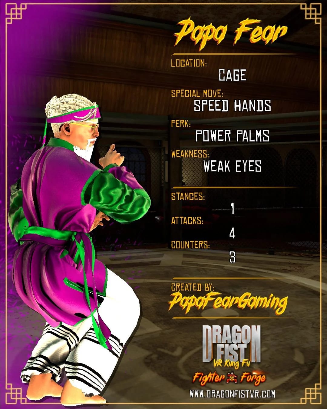 Gauntlet fighter card: a fighter in a purple and green robe and headband in the Cage, special move Speed Hands