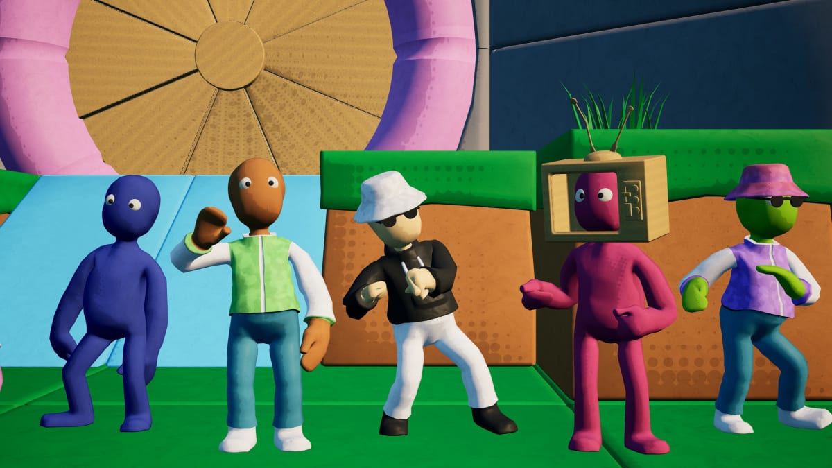 Five clay figures in varied outfits, including a bucket hat, hard hat and sailor cap, lined up in a green level