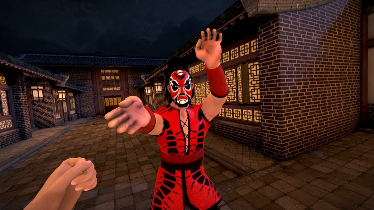 The Centipede in a red and black striped outfit and painted mask, squaring up in the moonlit alley