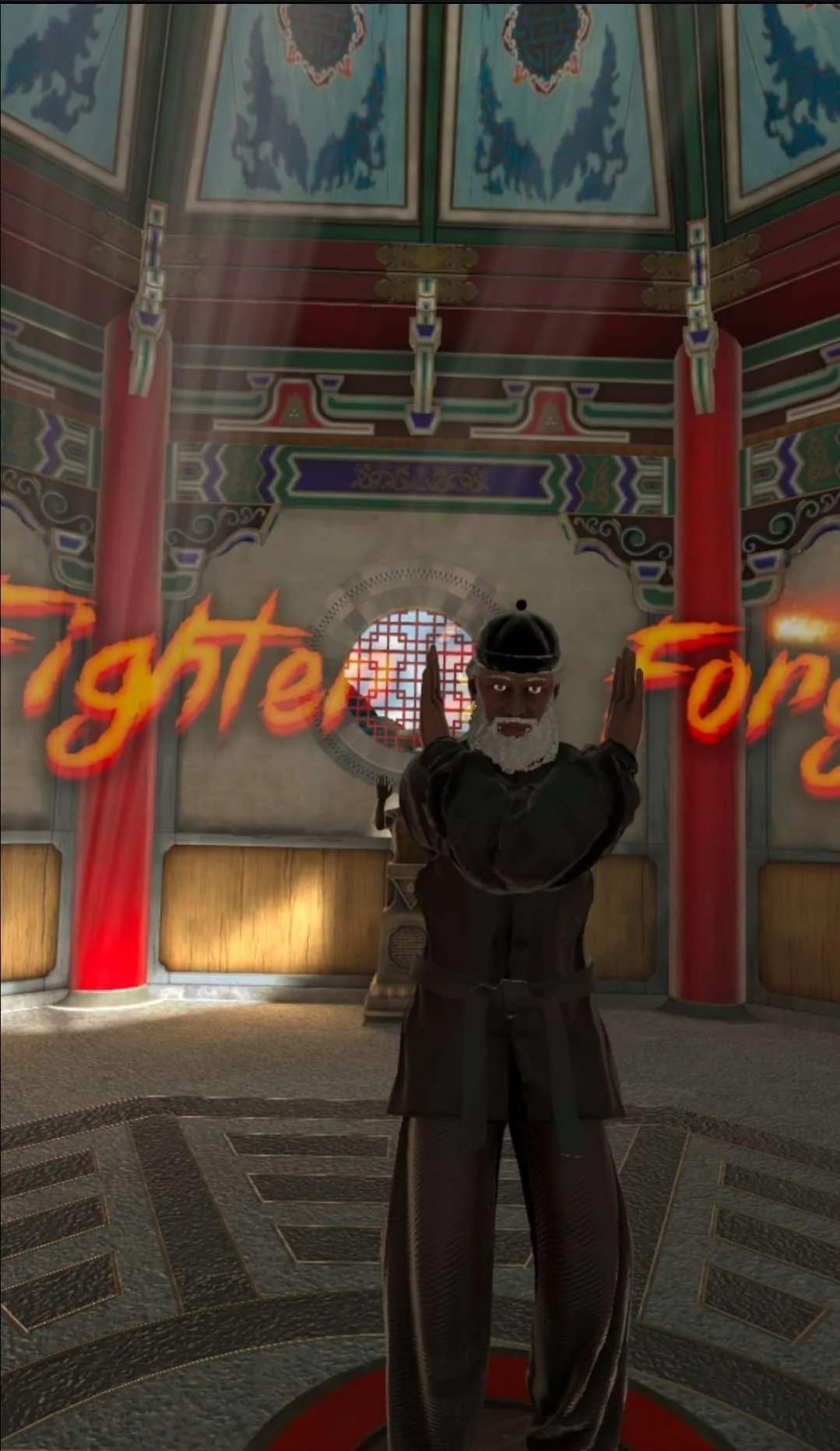 Fan-made bearded fighter in a black tunic and skullcap, hands raised in guard, in the Fighter Forge temple