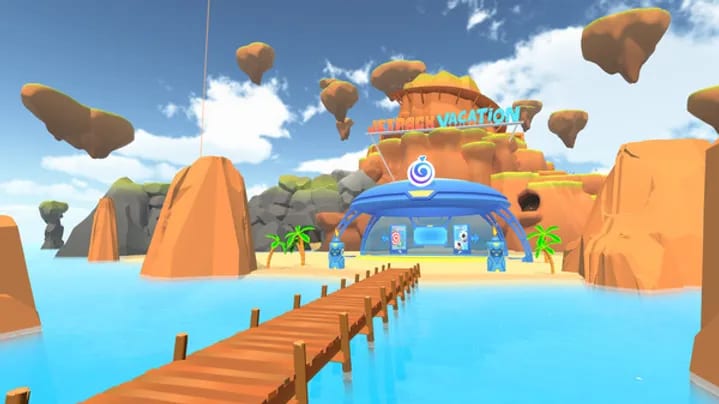 Jetpack Vacation tropical island with a wooden pier leading to the beach hub under floating rocks