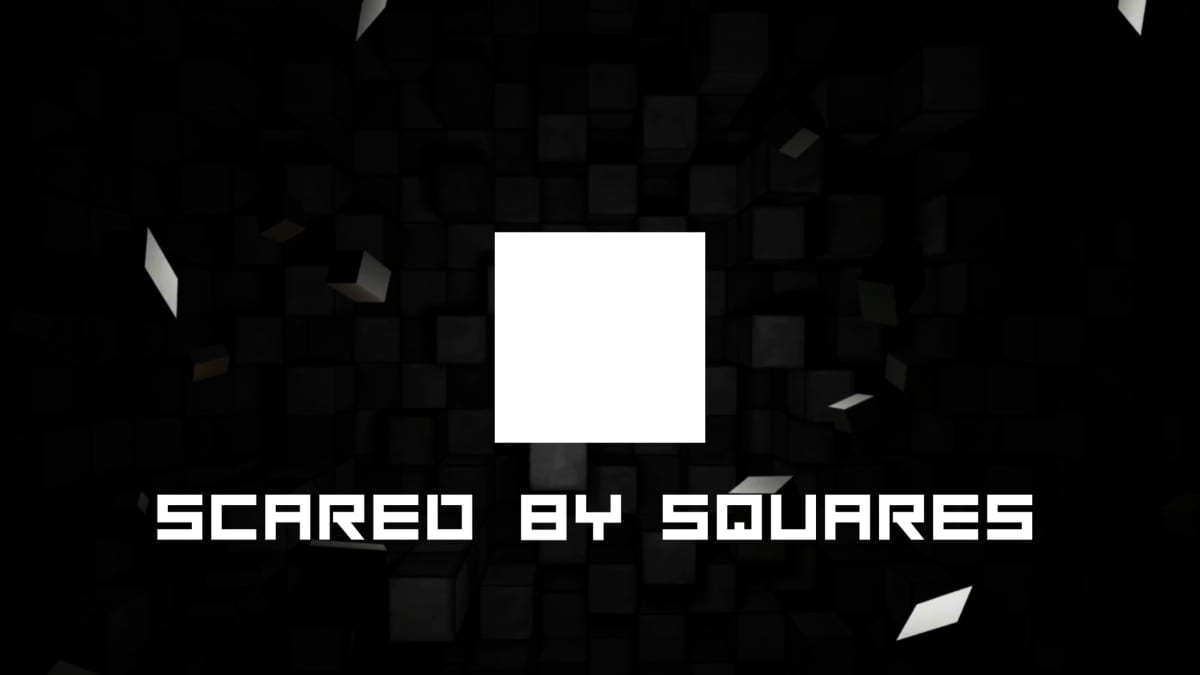 Scared By Squares title art, a lone white cube glowing in a black tunnel of dark cubes above the game logo