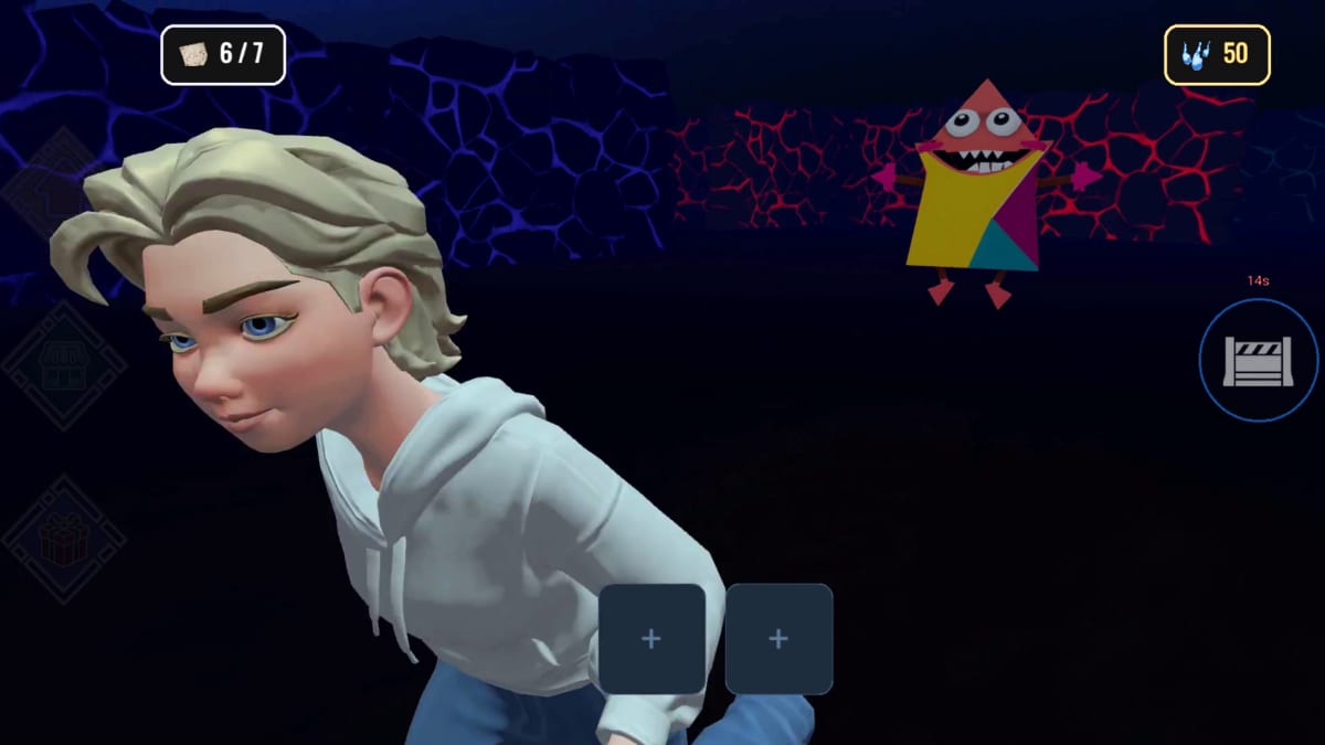 Missing Exit player avatar in the dark labyrinth with a grinning entity ahead and 6 of 7 notes found