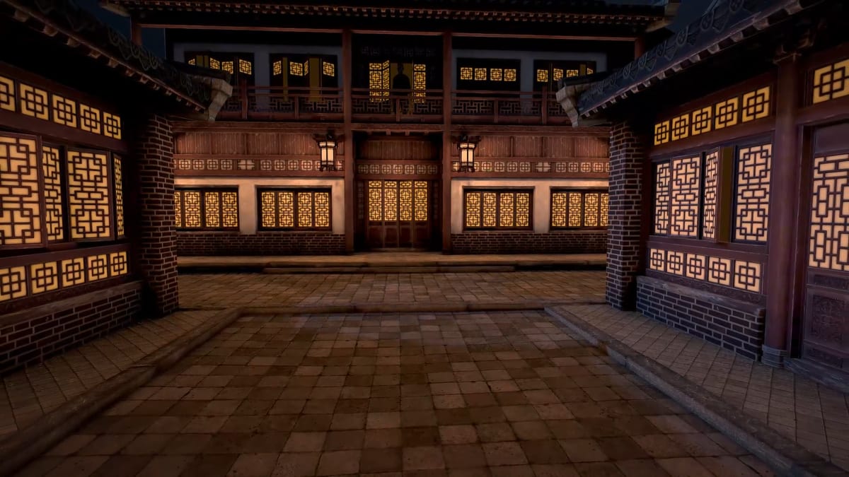 The Alley courtyard at night, ringed by brick buildings with glowing lattice windows and hanging lanterns