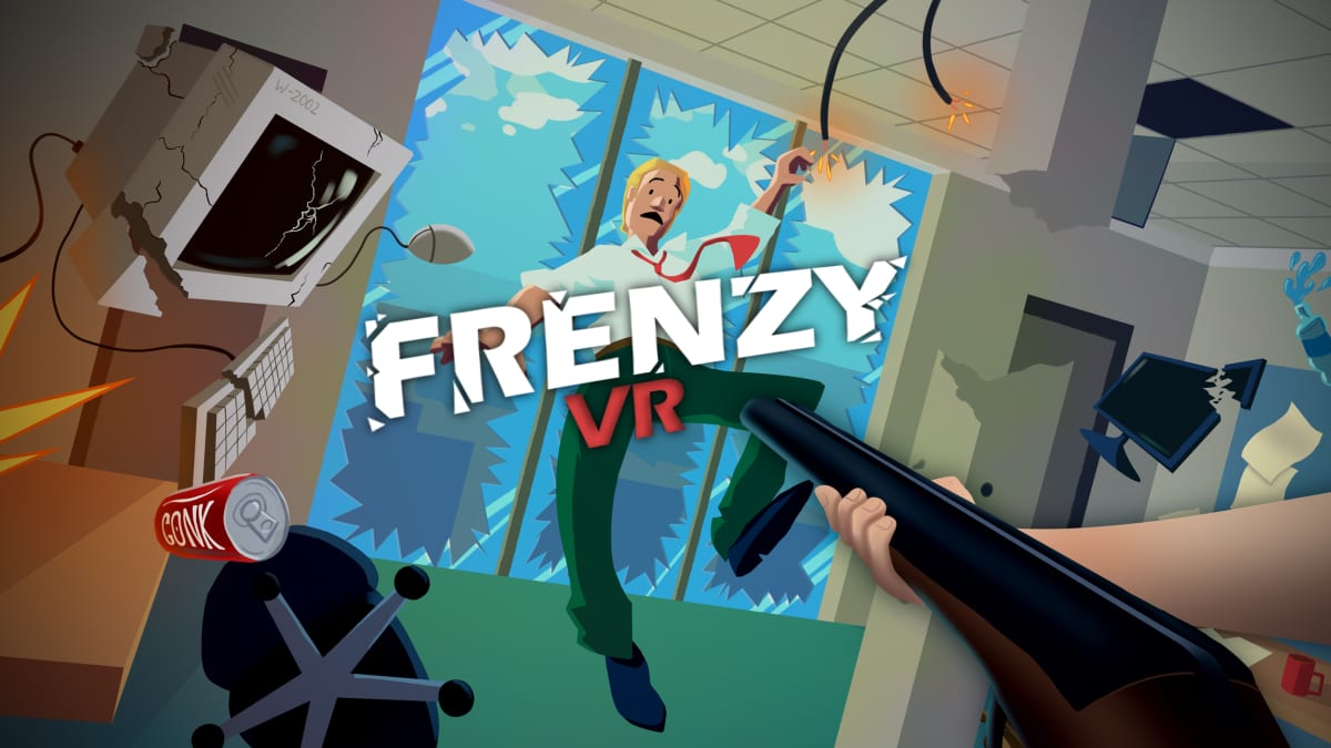 Frenzy VR key art with the logo over a wrecked office and a shotgun raised in first person