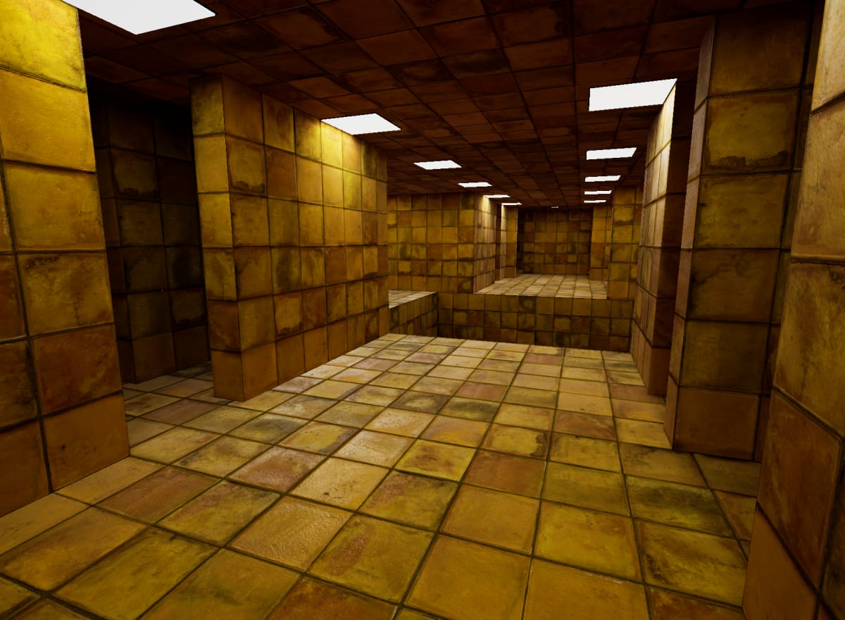 Dim Escape the Grid room built from yellow stone cubes, lit by glowing panels set into the ceiling