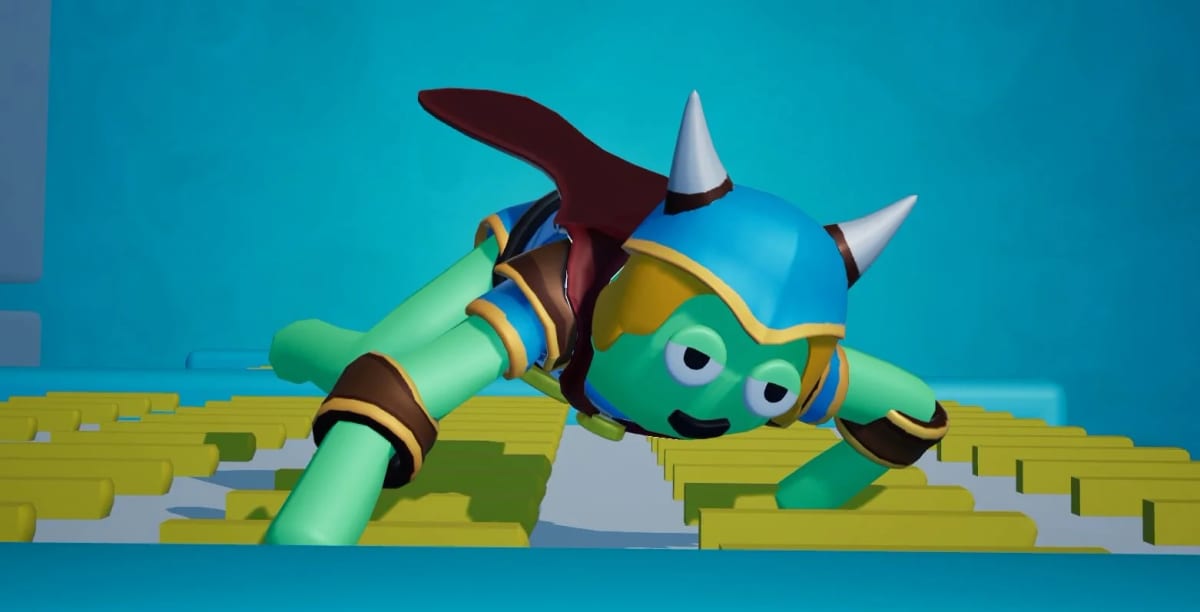 Yellow clay character in a horned blue helmet gripping a wall of yellow blocks