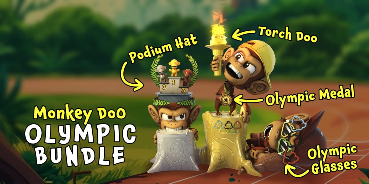 Monkey Doo Olympic Bundle cosmetics labeled Podium Hat, Torch Doo, Olympic Medal, and Olympic Glasses
