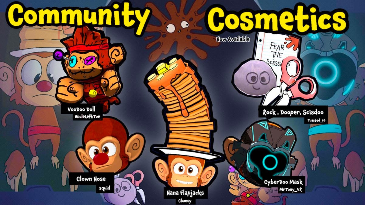 Community Cosmetics lineup with fan-designed Monkey Doo items: Voodoo Doll, Clown Nose, Nana Flapjacks and Cyberdoo Mask