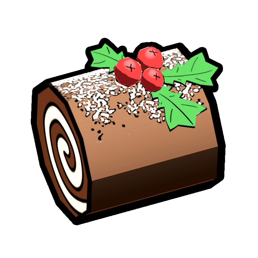 Yule Log Battle Pass cosmetic: a chocolate yule log cake dusted with sugar and topped with holly and berries
