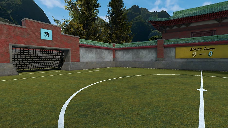 The Shaolin Soccer pitch: a walled grass field with a goal, scoreboard and temple roof against green hills