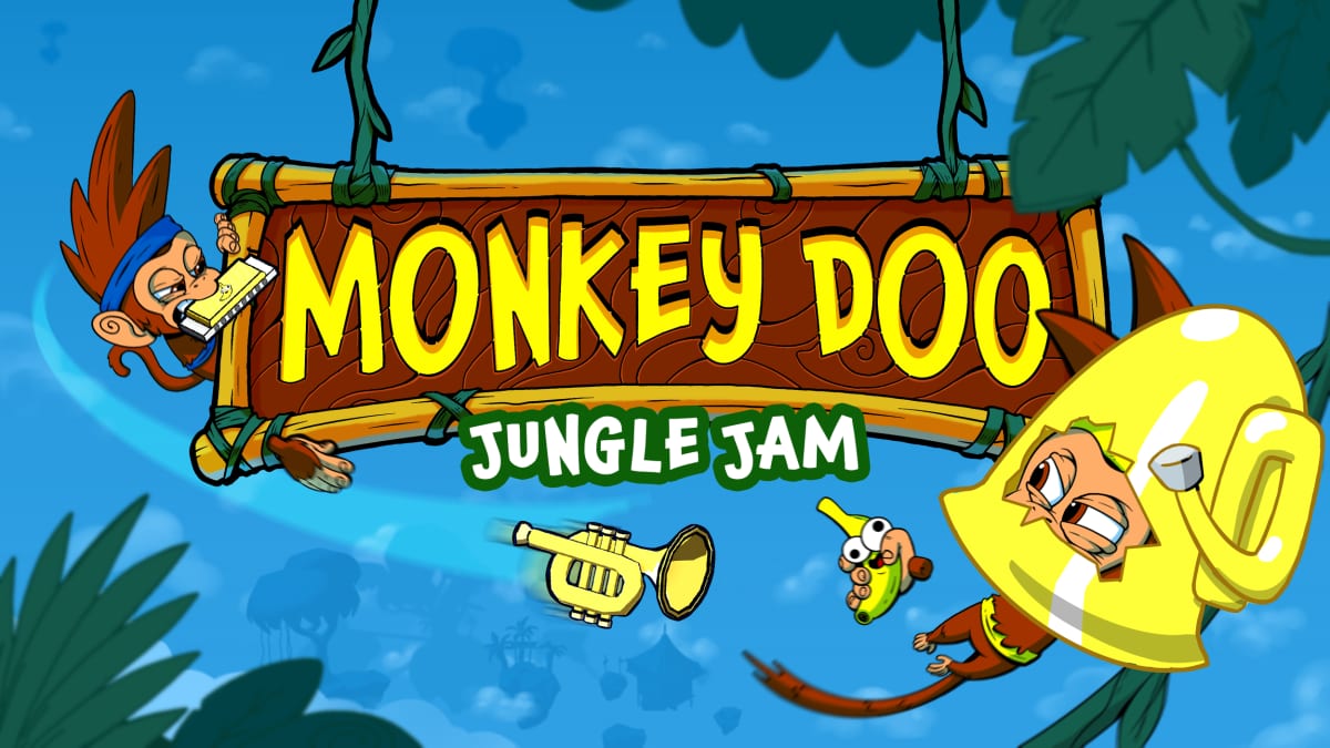 Monkey Doo Jungle Jam key art: monkeys with an accordion, trumpet and giant head tuba around a jungle sign