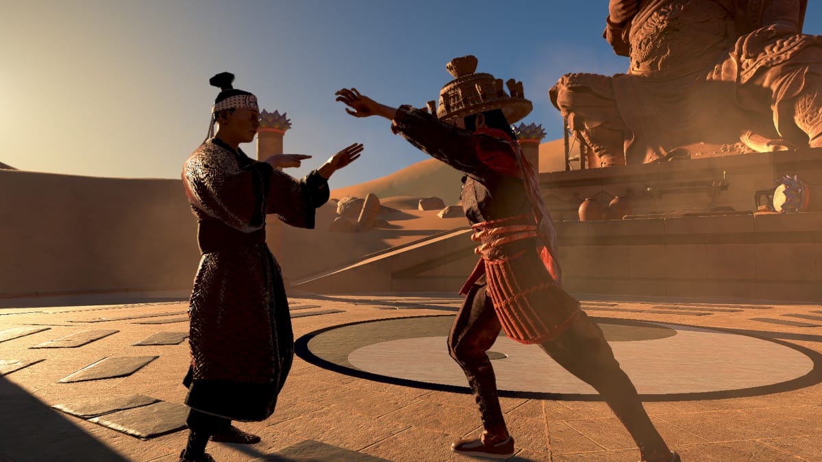 Two Dragon Fist: VR Kung Fu fighters trading strikes in the Desolate Desert arena at sunset