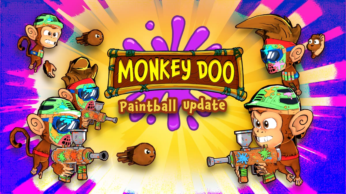 Monkey Doo Paintball Update key art with monkeys in paintball masks holding paint guns amid colorful splatters
