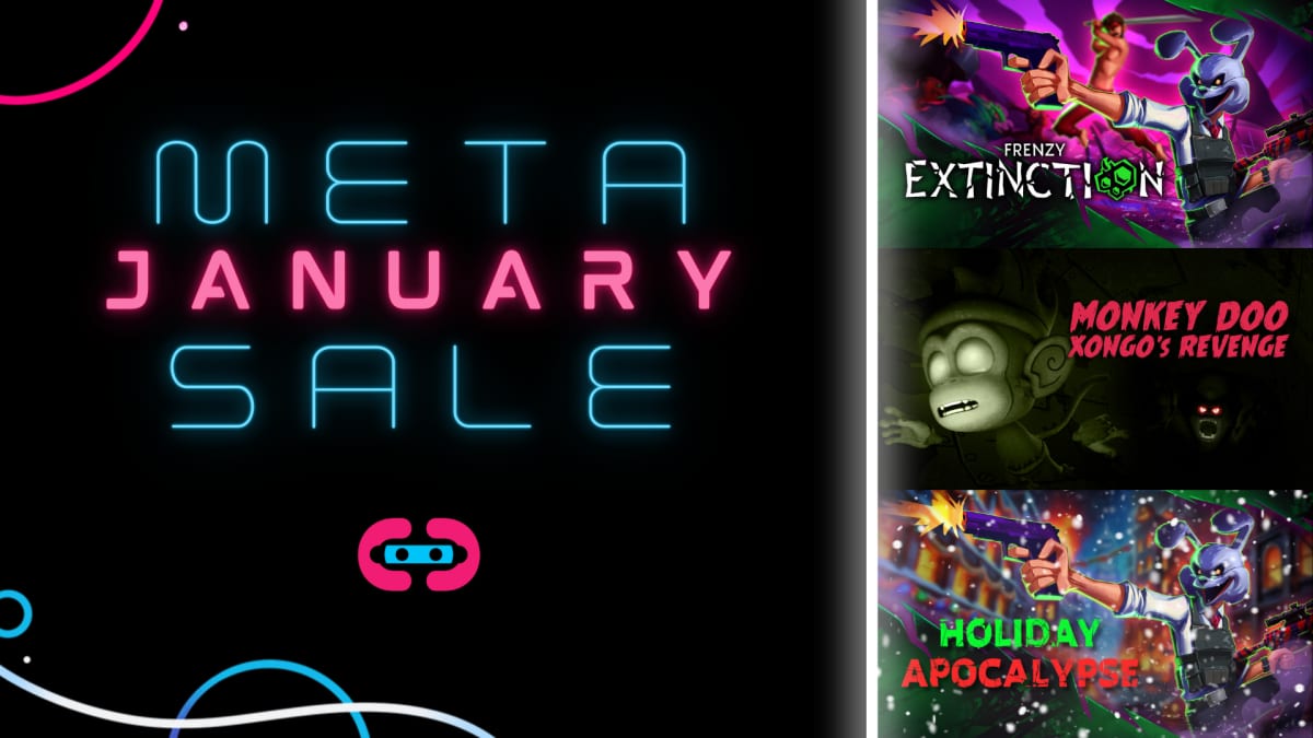 Meta January Sale neon banner beside key art panels for Frenzy Extinction, Xongo's Revenge and Holiday Apocalypse