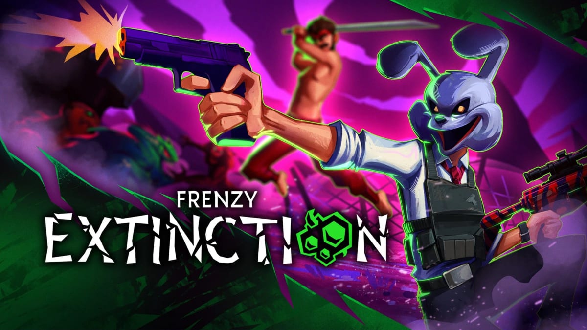 Frenzy Extinction key art with a pistol firing at mutated enemies beside a snarling purple rabbit