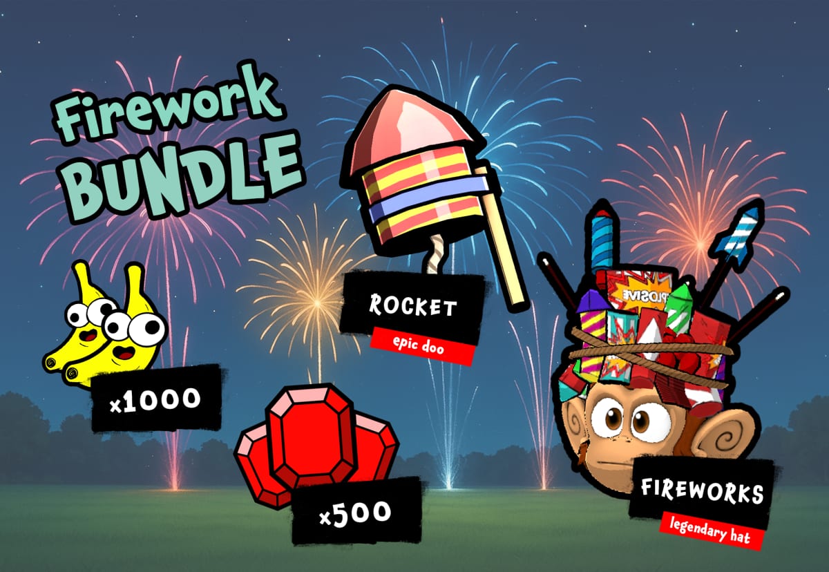 Firework Bundle contents: 1000 bananas, 500 rubies, the epic Rocket doo, and the legendary Fireworks hat