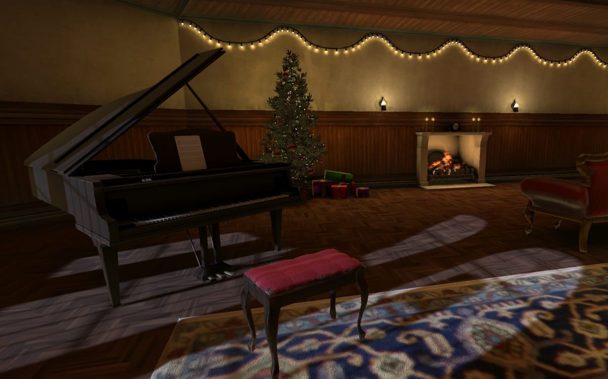 Holiday variant of The Cage with string lights, a decorated tree, presents, and a lit fireplace by a grand piano