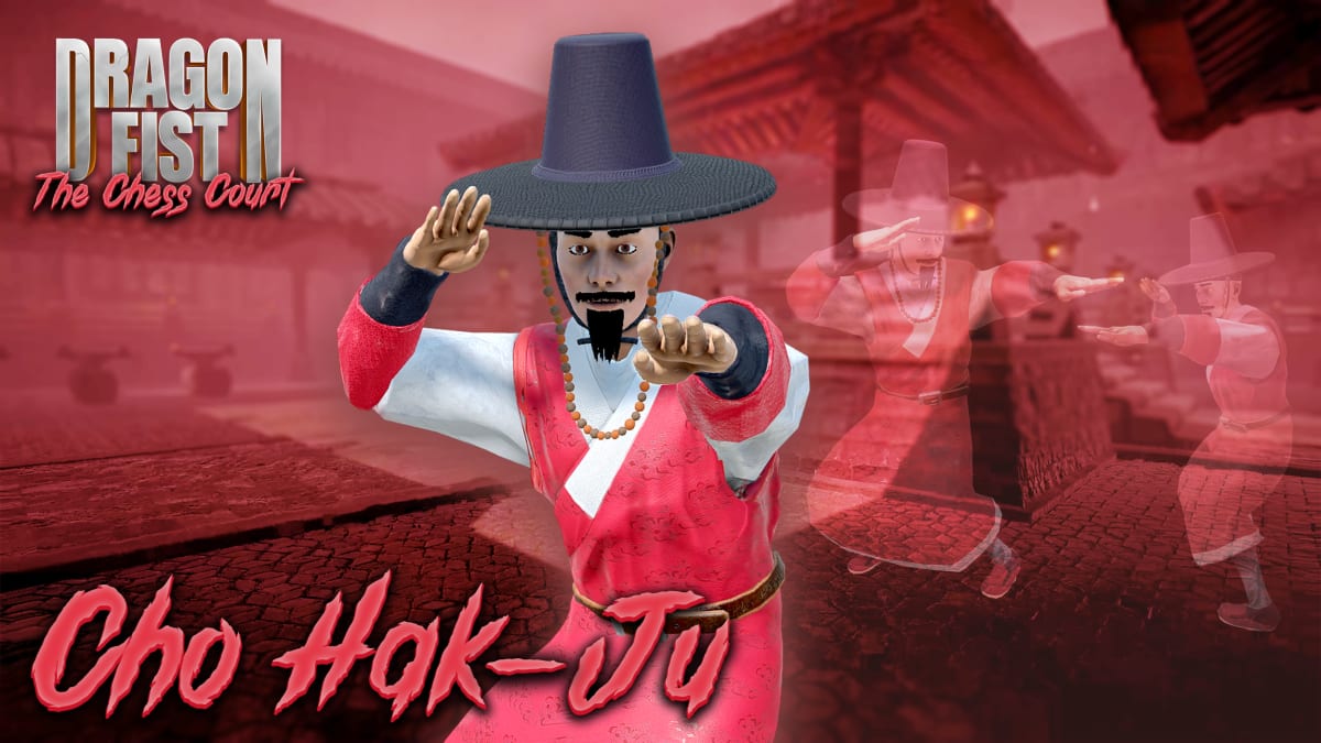 Cho Hak-ju in a wide black hat and red robe, hands raised in a fighting stance
