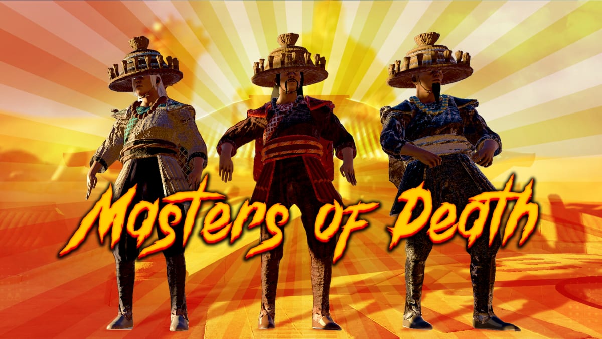 Masters of Death title art: three armored ronin in wide hats against an orange desert sunburst