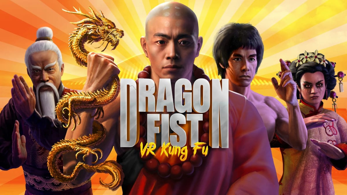 Dragon Fist: VR Kung Fu key art with four kung fu fighters and a golden dragon around the logo