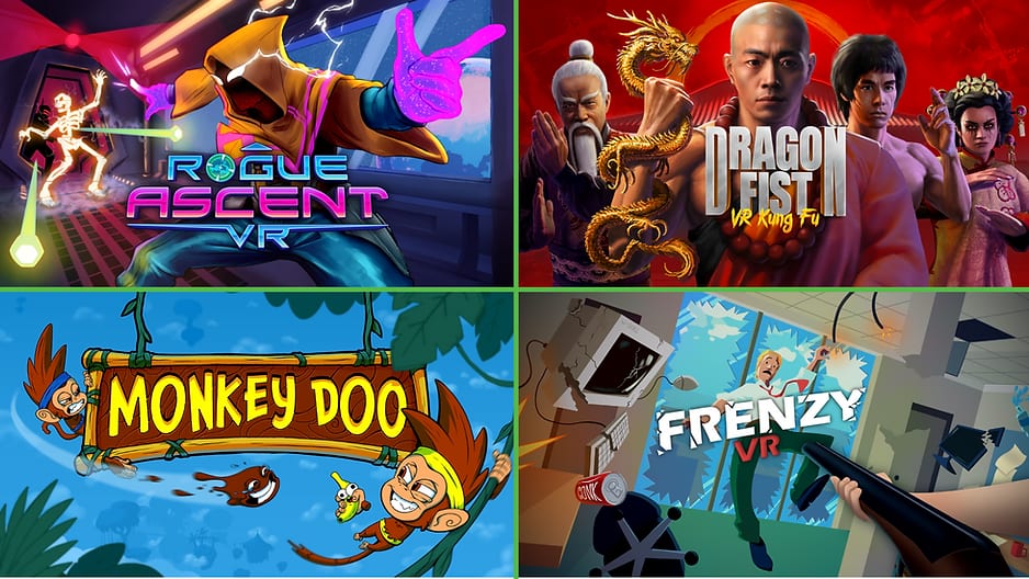 A collage of four VR game covers including Rogue Ascent, Dragon Fist VR Kung Fu, Monkey Doo, and Frenzy VR, showcasing a variety of gameplay styles and art designs.