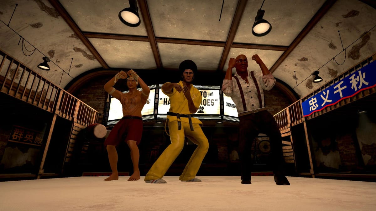 The three new Dragon Fist fighters facing off on the mat under the Hall of Heroes fight club lights
