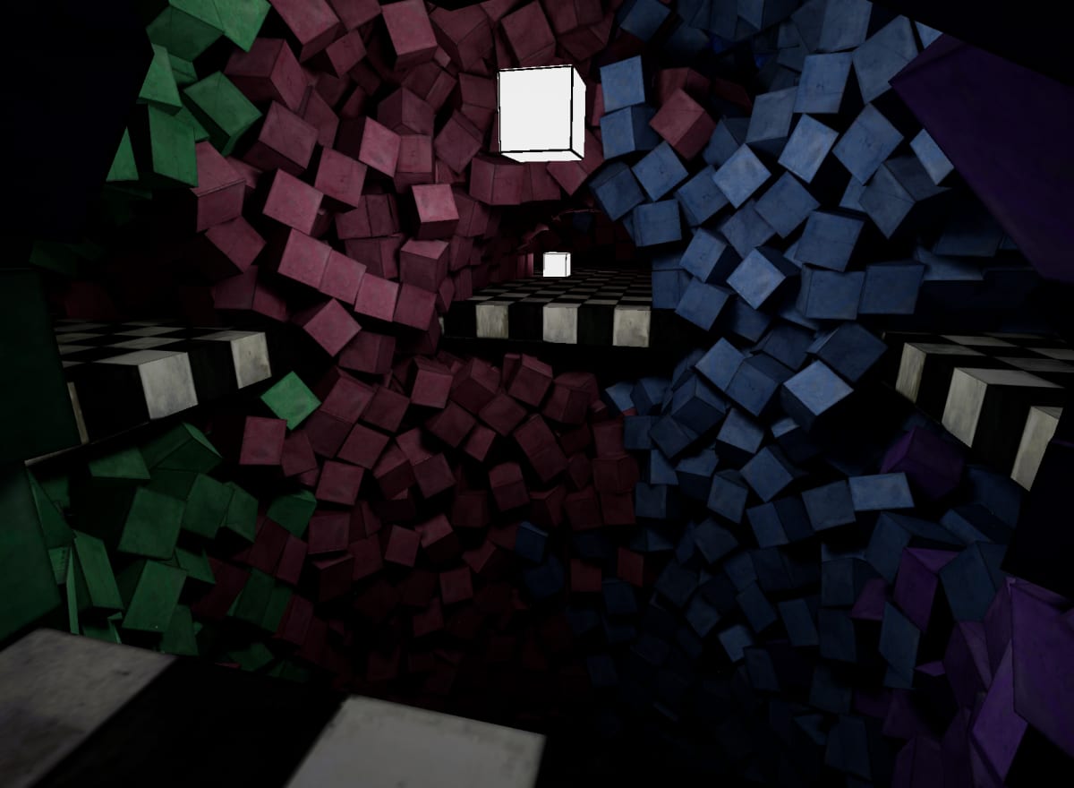A darkened room where desaturated red and blue cubes swarm around a single lit white square