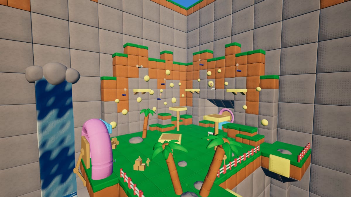 Blocky green and tan arena with palm trees, yellow climbable walls and a waterfall inside stone walls