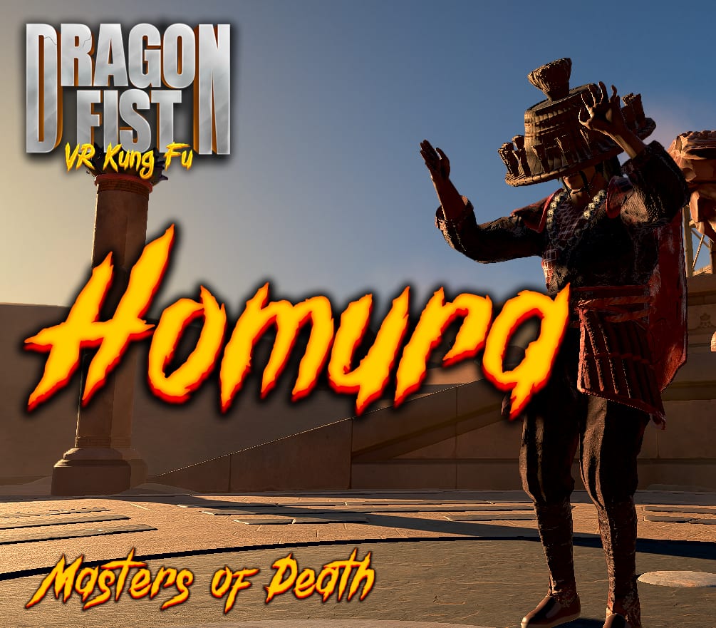 Homura character card for the Masters of Death DLC, the pyromancer ronin raising a hand in an ornate horned headdress