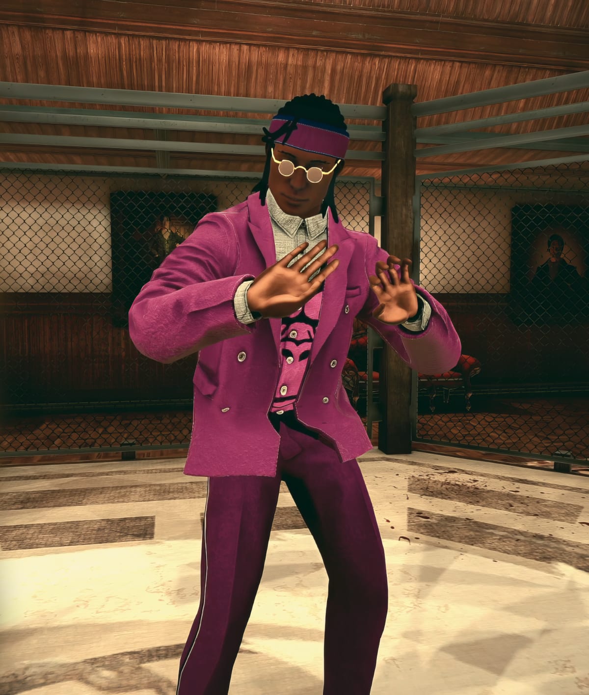 Custom Fighter Forge character in a magenta suit, round sunglasses, and headband taking a kung fu stance in a dojo hall