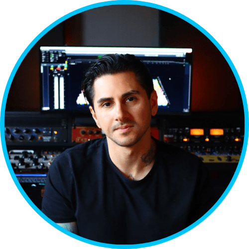 Circular portrait of Edward Ray in his studio in front of outboard racks and a mixing screen