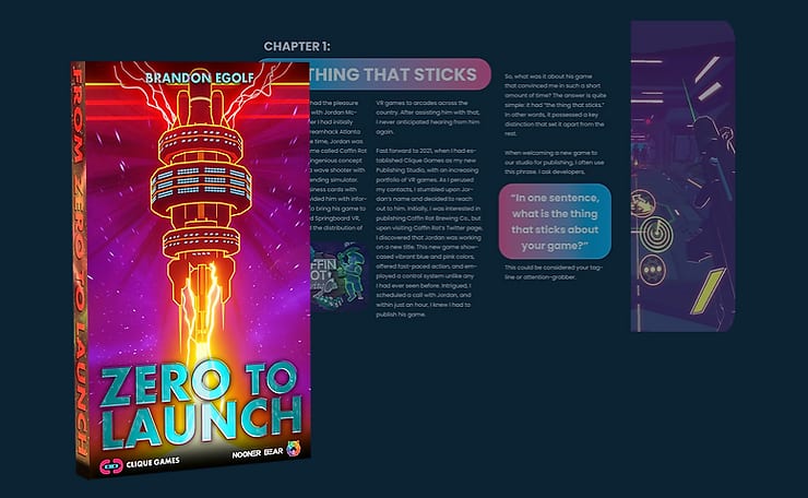 Zero to Launch guide cover by Brandon Egolf beside inside pages from the chapter The Thing That Sticks