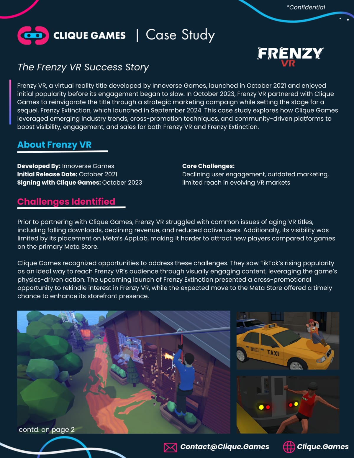 First page of the Clique Games case study The Frenzy VR Success Story, with gameplay screenshots