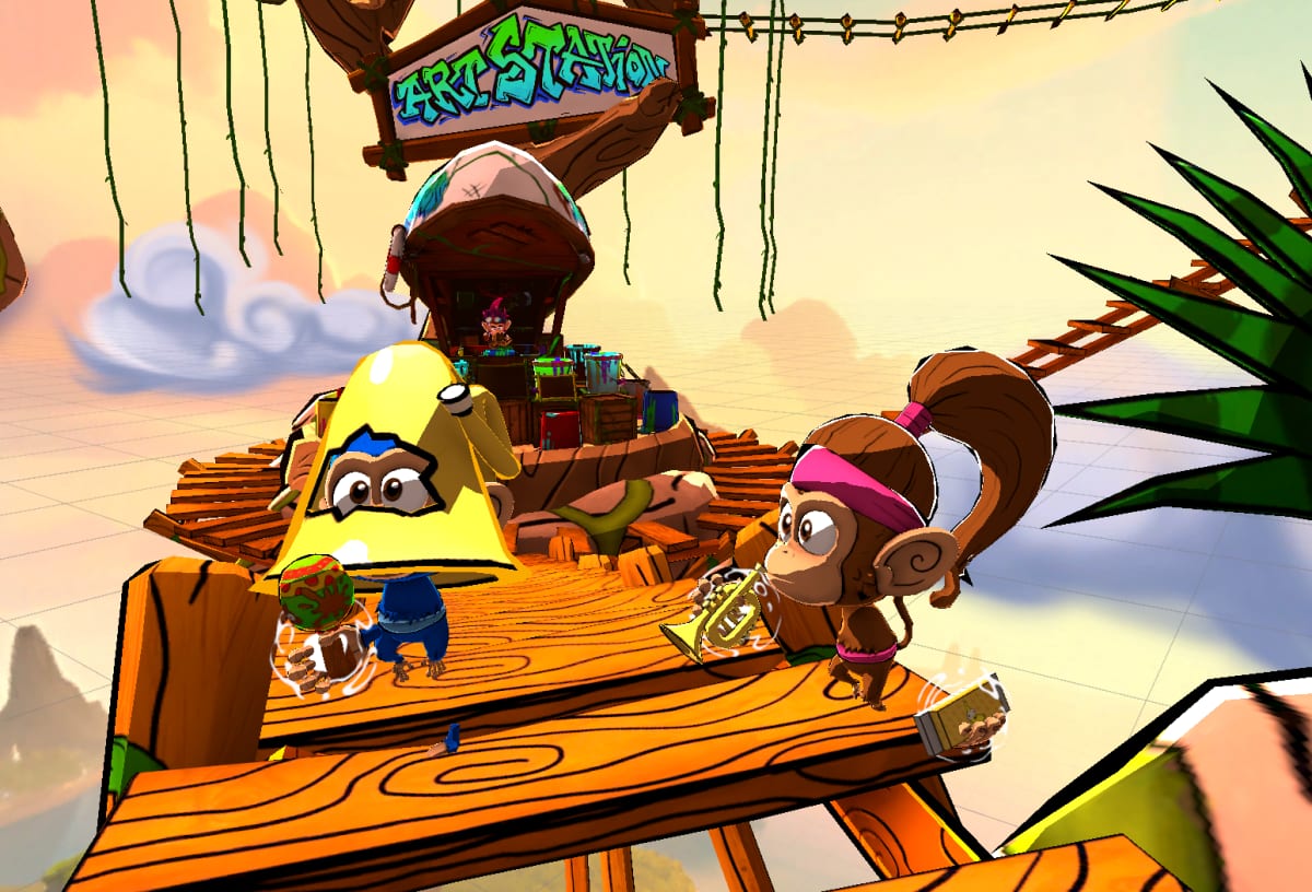 Monkey Doo shop stall in the jungle with Jungle Jam item variants laid out on a wooden counter