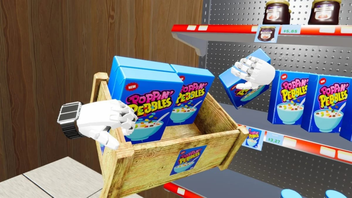 Carrying a wooden crate of cereal boxes to restock a store aisle in VR Store Simulator