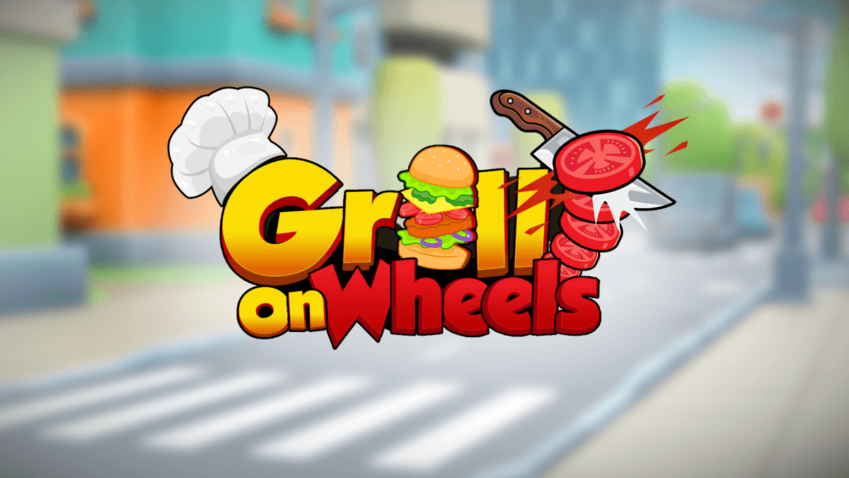 Grill on Wheels logo with a chef hat, stacked burger and sizzling spatula over a blurred city street