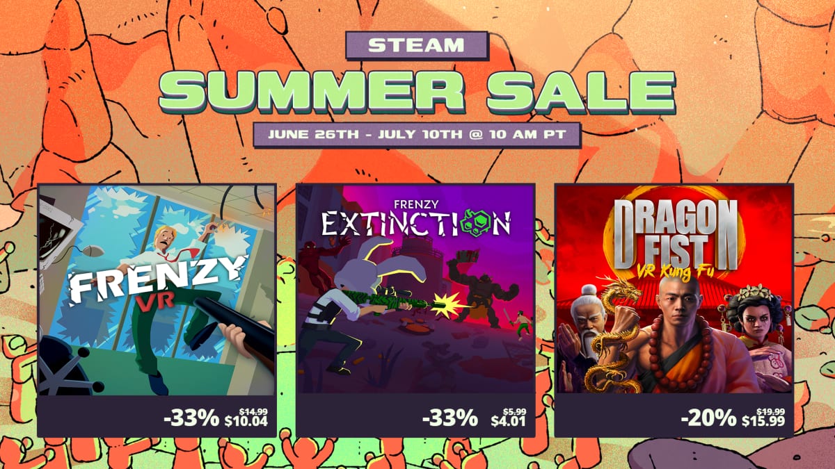 Steam Summer Sale banner: Frenzy VR and Frenzy Extinction 33% off, Dragon Fist 20% off, through July 10