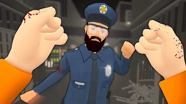 Frenzy VR first-person view of bloodied fists raised at a bearded police officer in a dark alley