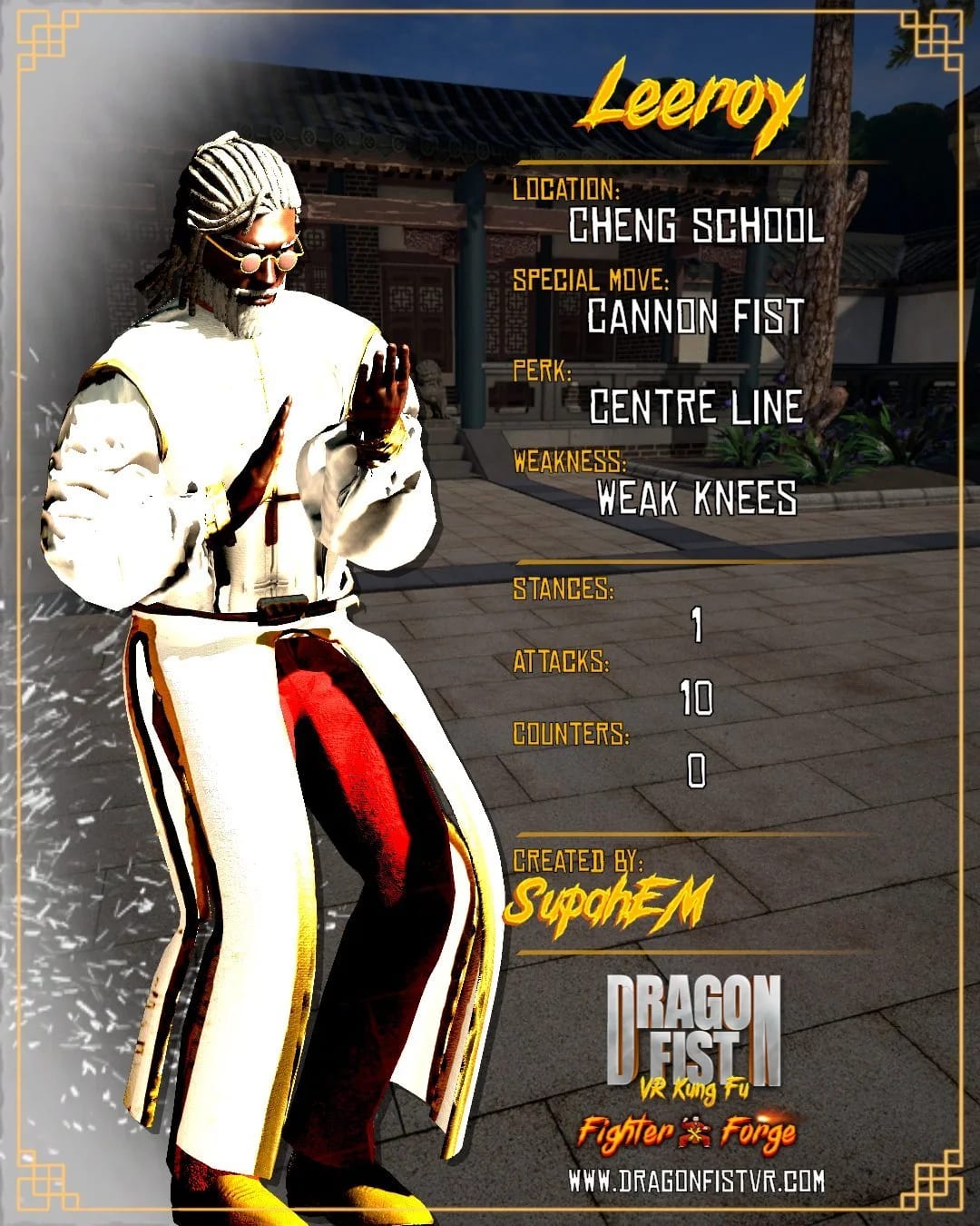 Gauntlet fighter card: a dreadlocked fighter in a white gi at Cheng School, special move Cannon Fist