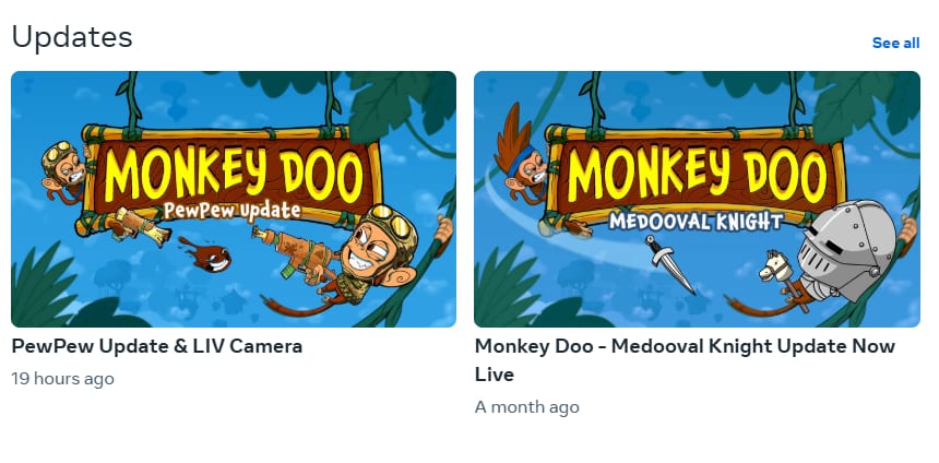 Updates section of a Quest store page with cards for the Monkey Doo PewPew Update and the Medooval Knight Update