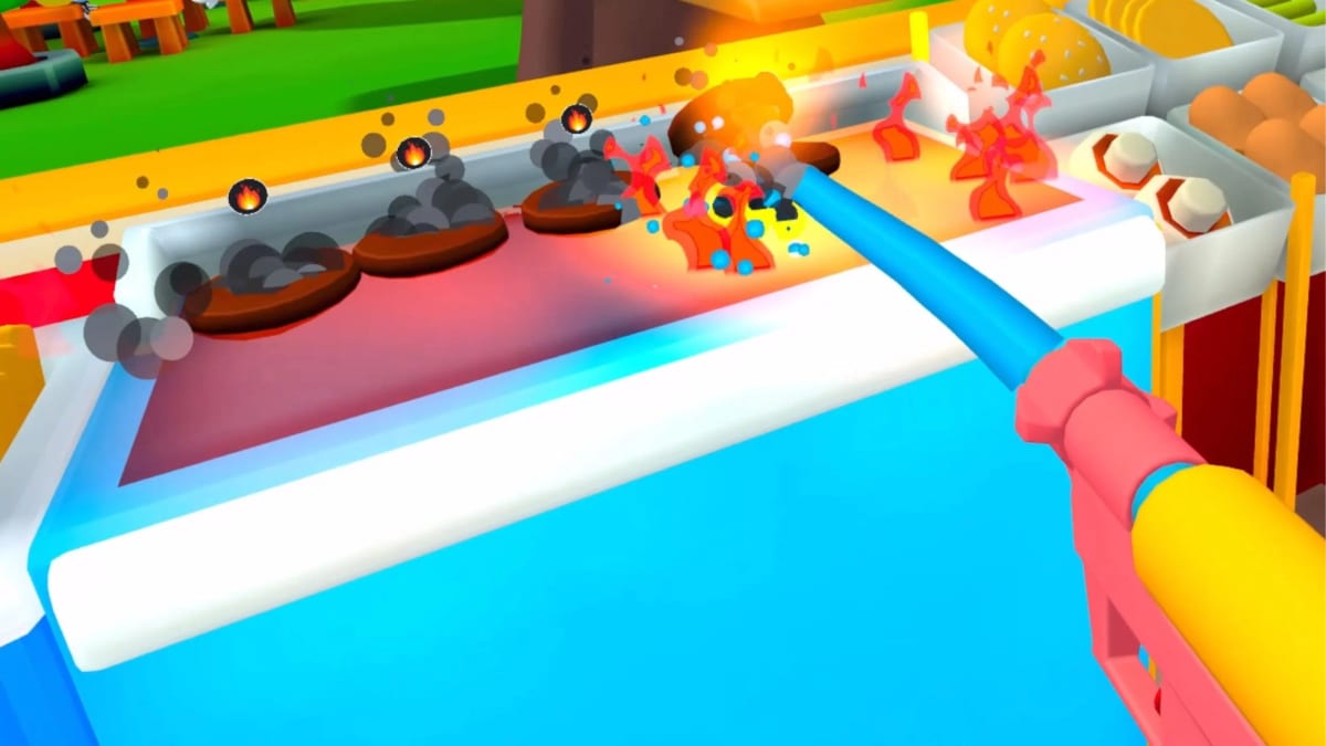 First-person view aiming the new water gun across the service counter at a smoking, charred grill