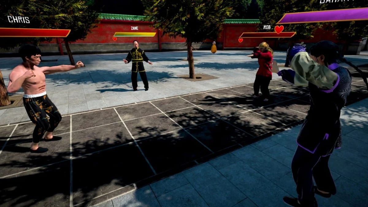 Dragon Fist: VR Kung Fu multiplayer match with four named fighters squaring off on a gridded courtyard